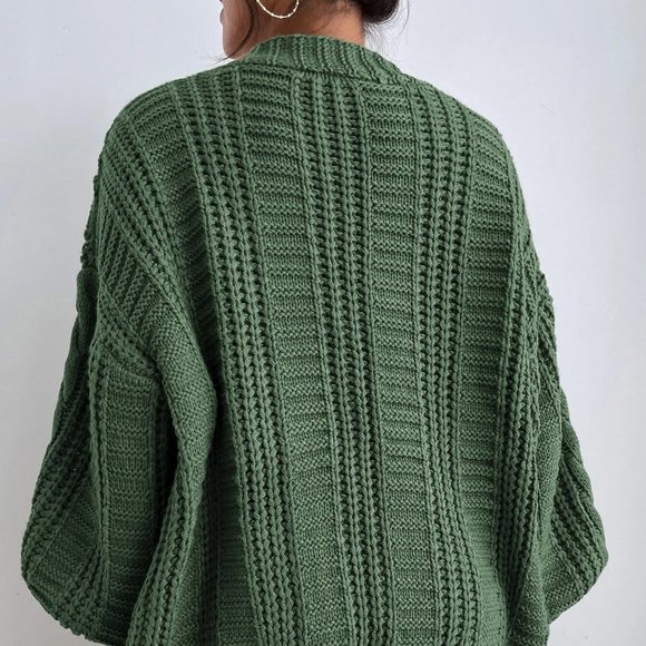 Green Casual Womens Solid Button Front Cable Knit Cardigan - Picture 2 of 5
